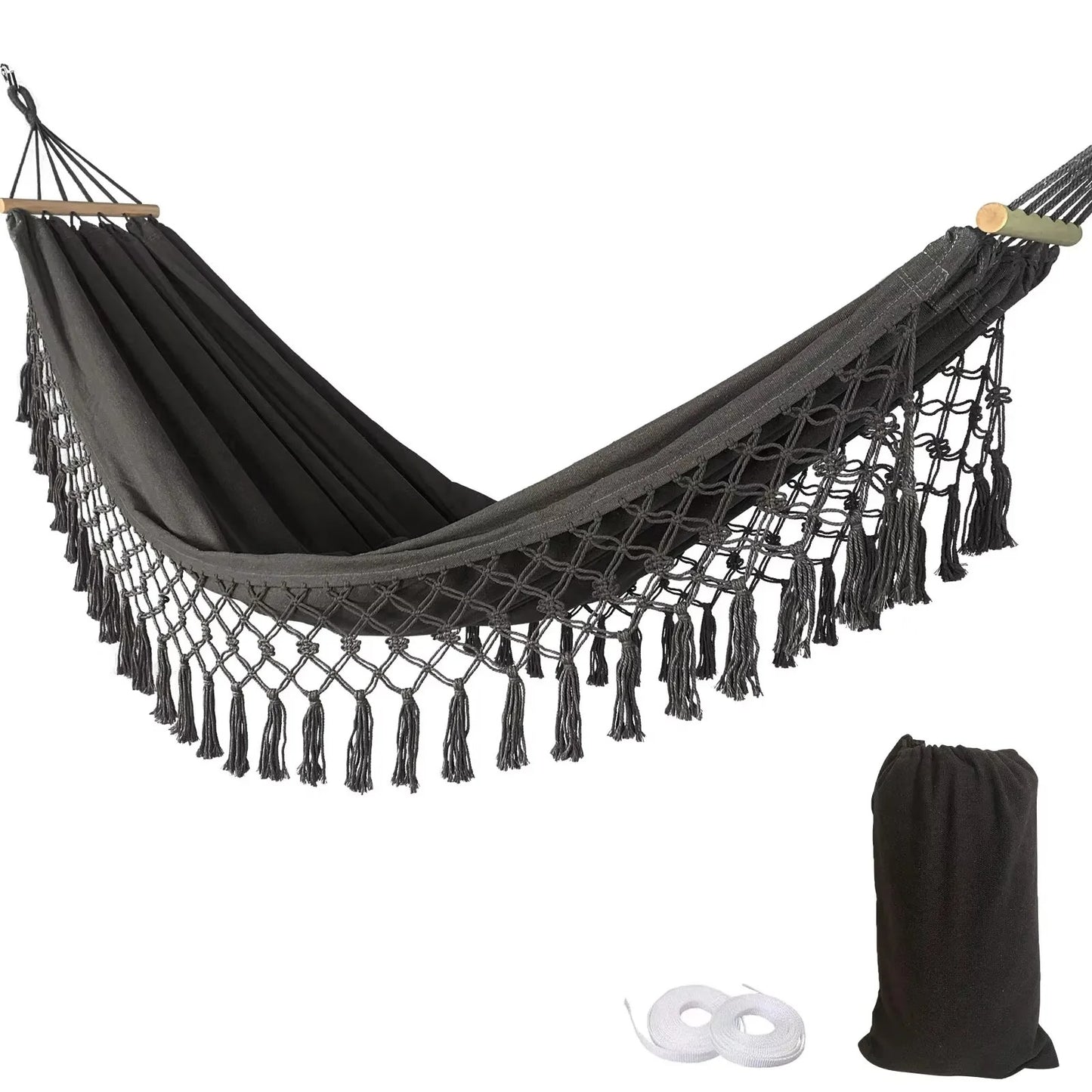 Hamac avec Barres en Bois & Pompons – Toile Épaisse Coton / Polyester – Extérieur – avec Sac