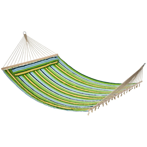 Hamac Double 400 x 140 cm – Rembourré – Coton & Polyester – Barre en Bois – Rayures vertes et bleues – Extérieur