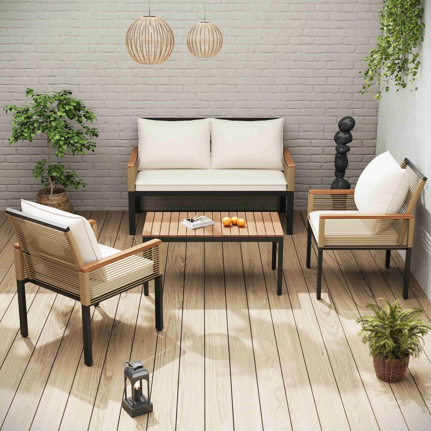 Salon de Jardin Modulable – Acier, Polyrotin & Bois d’Acacia – Coussins Inclus – Extérieur