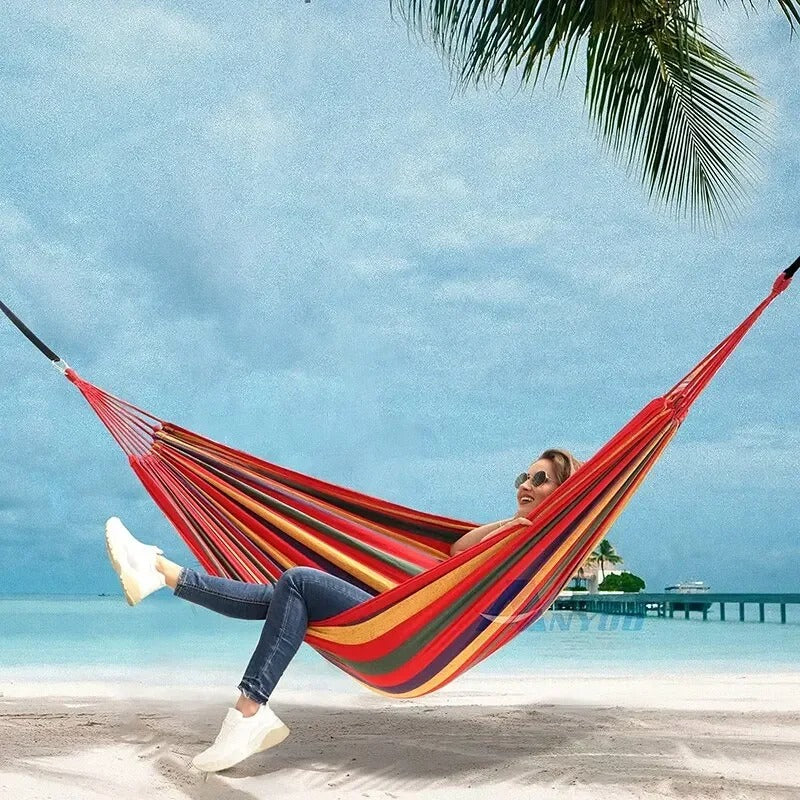Hamac en Toile 175 x 70 cm – Anti-Renversement – Intérieur / Extérieur – 100 kg – Avec Cordes & Sac – Rouge / Bleu
