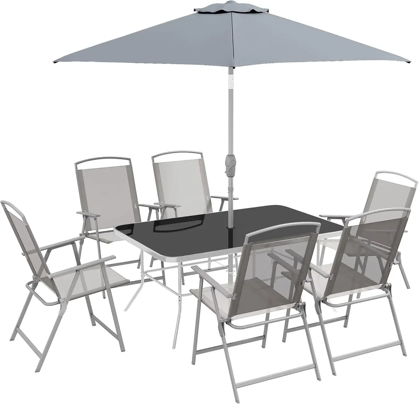 Ensemble Repas Extérieur 8 Pièces – Table en Verre, 6 Chaises Pliantes, Parasol Inclinable – Jardin / Terrasse