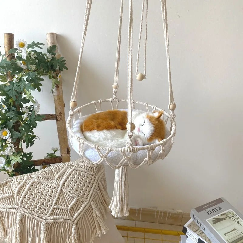 Hamac Suspendu en Filet pour Chat – Coton Tissé à la Main – Intérieur – Blanc