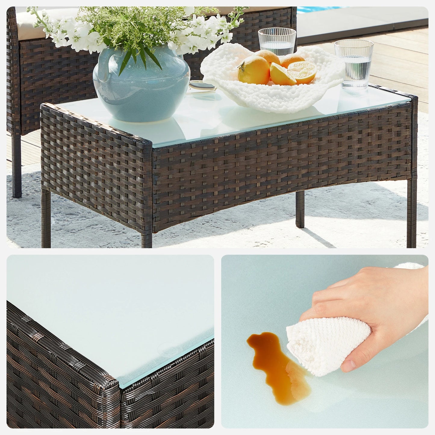 Salon de Jardin 4 Pièces – Acier Thermolaqué & Rotin PE – Table en Verre Trempé – Extérieur