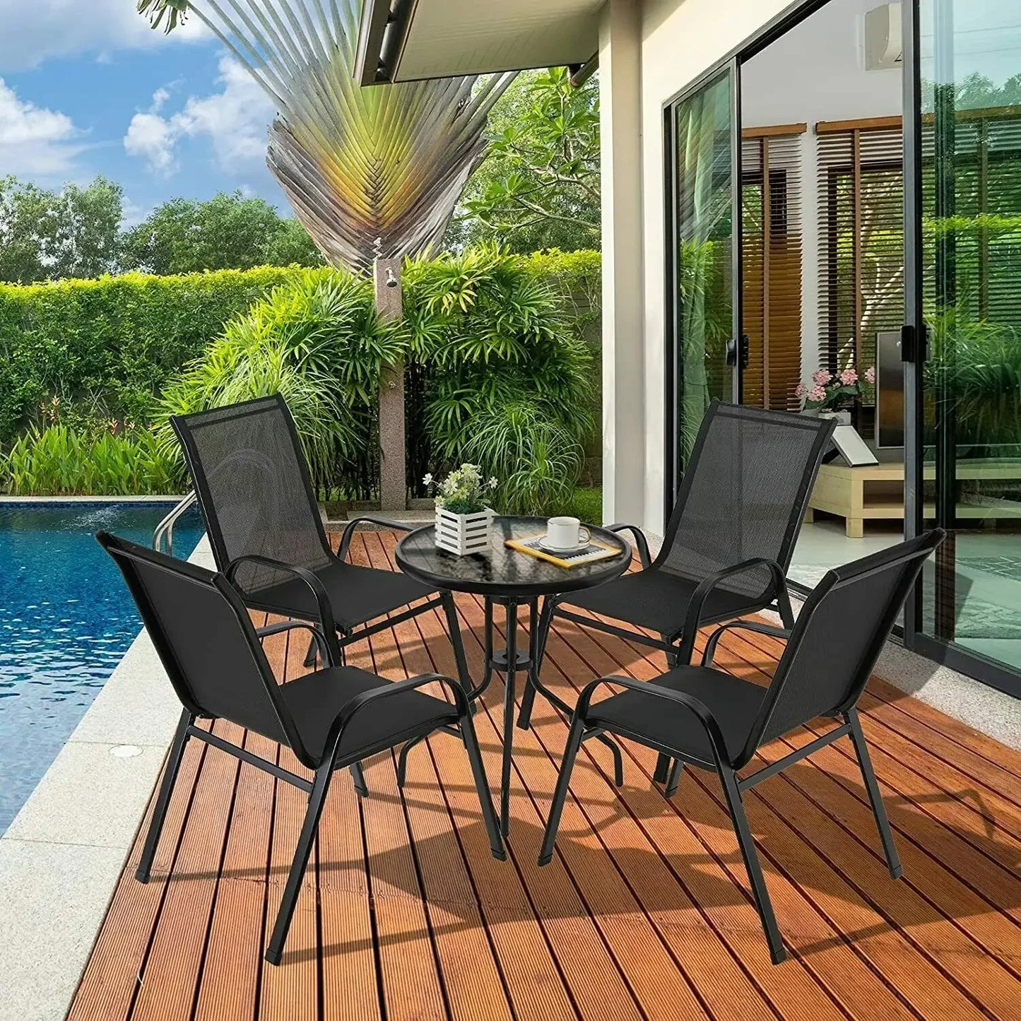 Lot de 4 Chaises de Jardin Empilables – Structure Métal Thermolaqué & Assise en Tissu Teslin – Résistantes aux Intempéries – 150 kg