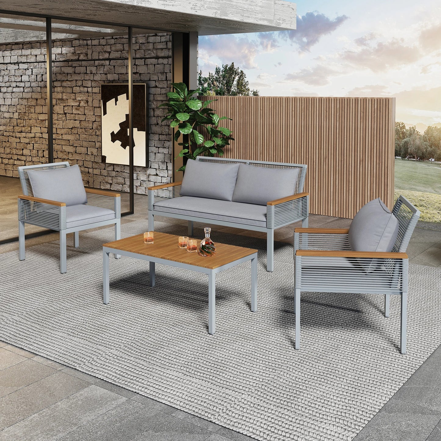 Salon de Jardin Modulable – Acier, Polyrotin & Bois d’Acacia – Coussins Inclus – Extérieur