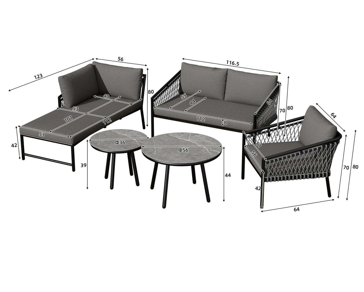 Salon de Jardin 5 Pièces – Canapé, Fauteuil, Chaise et 2 Tables – Corde Tressée & Verre Trempé – Extérieur – Beige / Gris