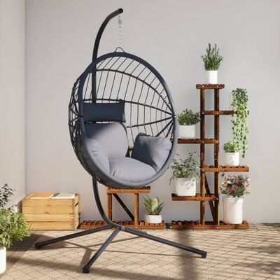 Chaise Œuf Suspendue avec Support – Résine Tressée – Coussins Inclus – Pivotante – Intérieur / Extérieur – Noir