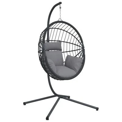 Chaise Œuf Suspendue avec Support – Résine Tressée – Coussins Inclus – Pivotante – Intérieur / Extérieur – Noir