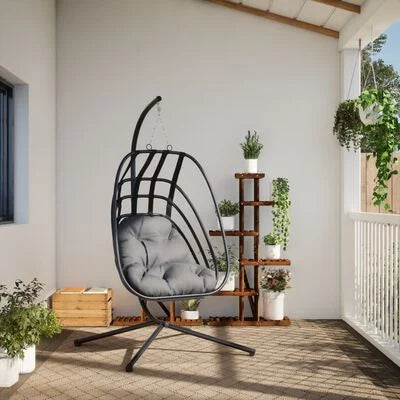 Chaise Œuf Suspendue avec Support Autoportant – Noir / Anthracite – Acier & Polypropylène – Intérieur / Extérieur