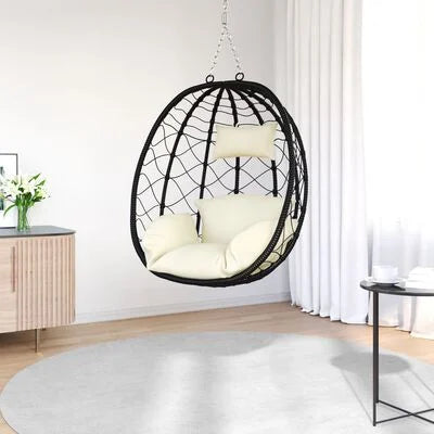 Chaise Œuf Suspendue Ovale avec Coussins – Métal – Crème – Intérieur / Extérieur