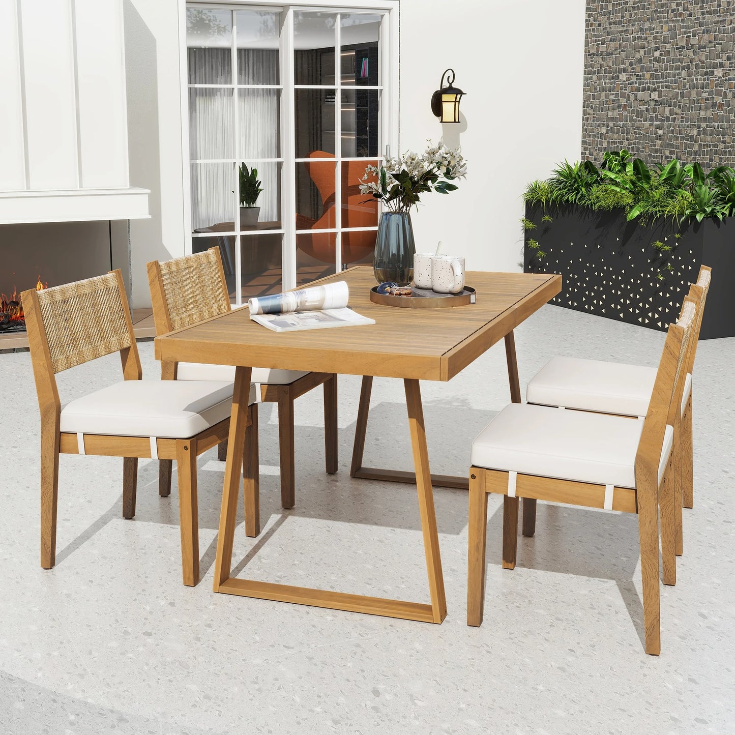 Ensemble Repas Extérieur 5 Pièces – Bois d’Acacia & Dossier en Rotin – 4 Chaises avec Coussins + Table – Crème / Gris