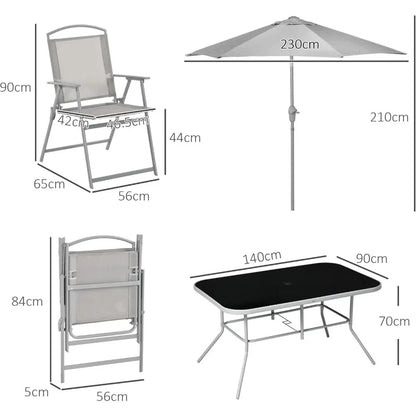 Ensemble Repas Extérieur 8 Pièces – Table en Verre, 6 Chaises Pliantes, Parasol Inclinable – Jardin / Terrasse