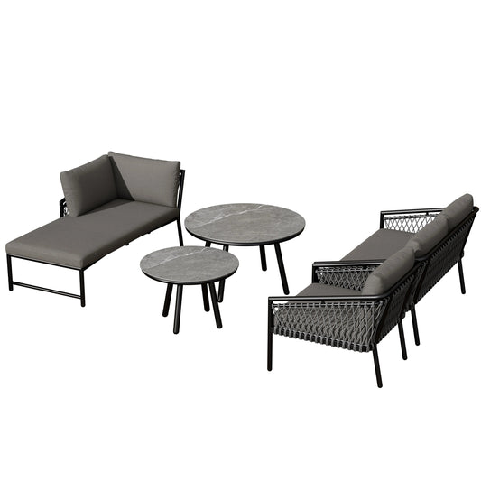 Ensemble salon de jardin – canapé, fauteuils, tables rondes en verre