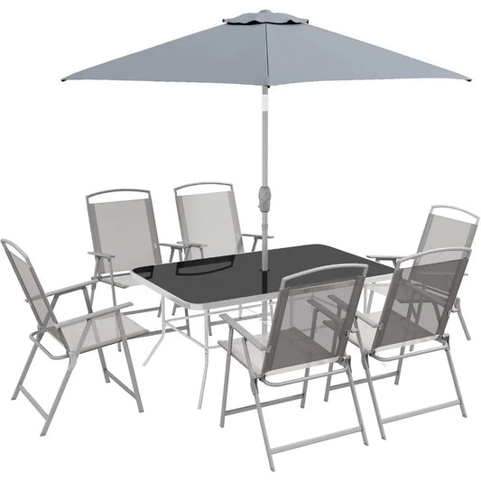 Ensemble Repas Extérieur 8 Pièces – Table en Verre, 6 Chaises Pliantes, Parasol Inclinable – Jardin / Terrasse