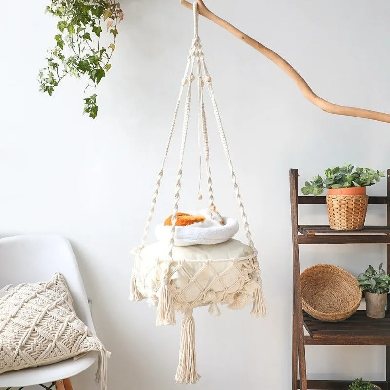 Hamac Suspendu en Filet pour Chat – Coton Tissé à la Main – Intérieur – Blanc