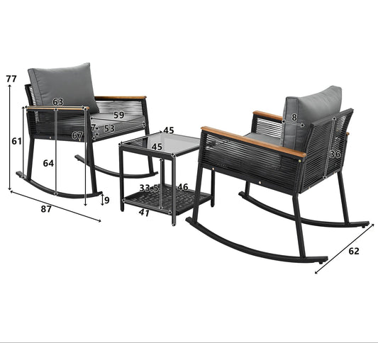Salon de Jardin 3 Pièces – 2 Chaises à Bascule + Table Basse – Acier, Acacia & Verre – Extérieur / Intérieur