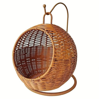 Panier Suspendu Autoportant pour Chat – Rotin Synthétique – Support Métal – Coussin Inclus – Intérieur