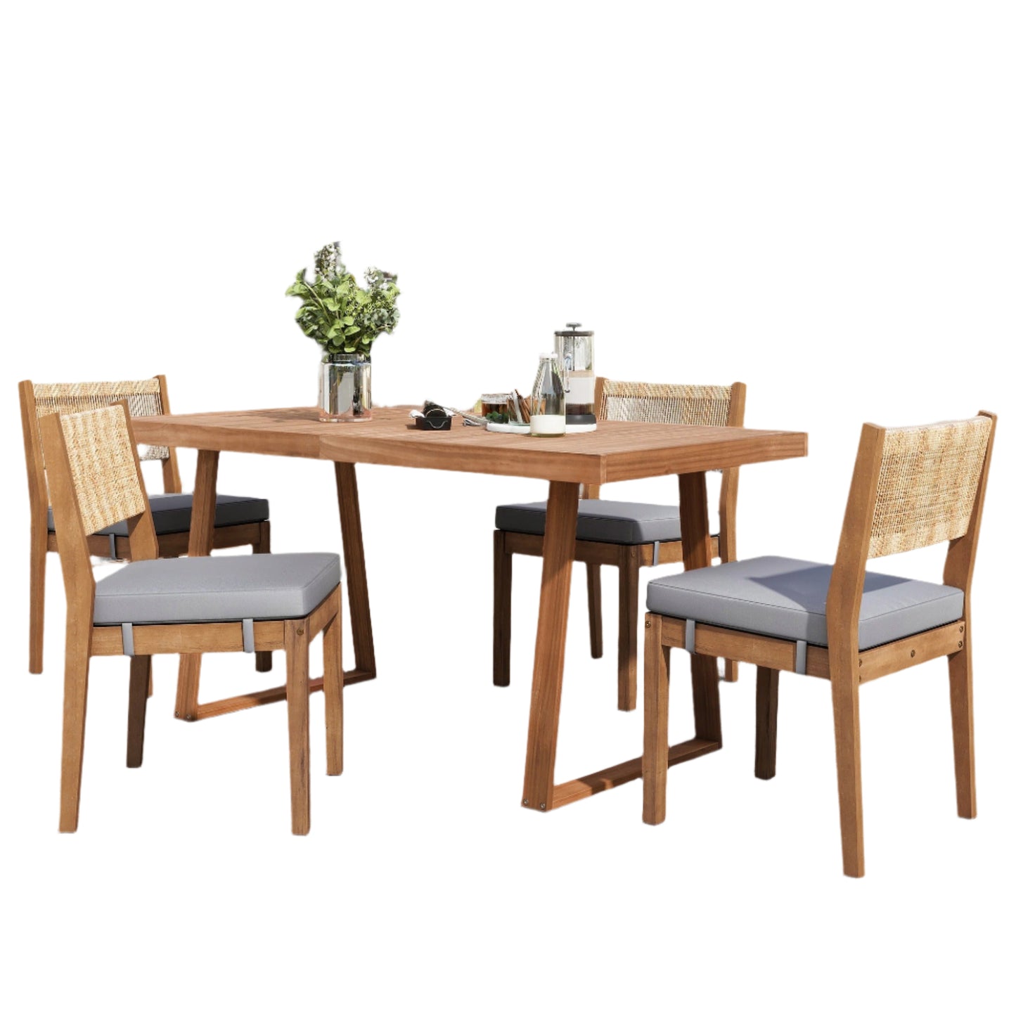 Ensemble Repas Extérieur 5 Pièces – Bois d’Acacia & Dossier en Rotin – 4 Chaises avec Coussins + Table – Crème / Gris