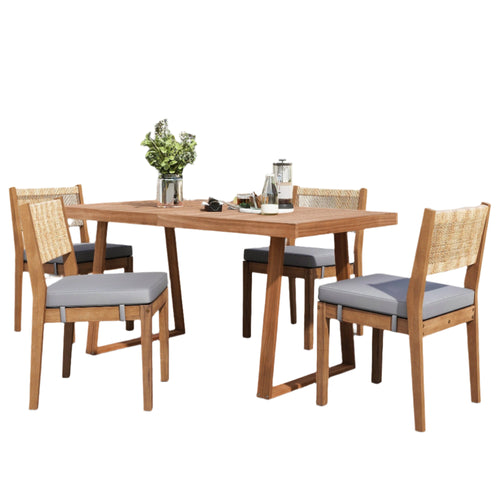 Ensemble Repas Extérieur 5 Pièces – Bois d’Acacia & Dossier en Rotin – 4 Chaises avec Coussins + Table – Crème / Gris