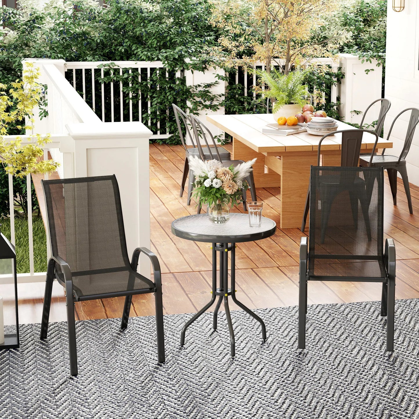 Ensemble Mobilier de Jardin 3 Pièces – 2 Chaises Empilables & Table Ronde – Acier, Textilène & Verre Trempé – Noir