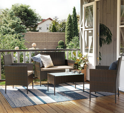 Salon de Jardin 4 Pièces – Acier Thermolaqué & Rotin PE – Table en Verre Trempé – Extérieur