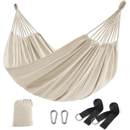 Hamac Double 210 x 150 cm – Coton / Polyester – 300 kg – Extérieur – Avec Sangles & Sac – Bleu / Beige / Gris