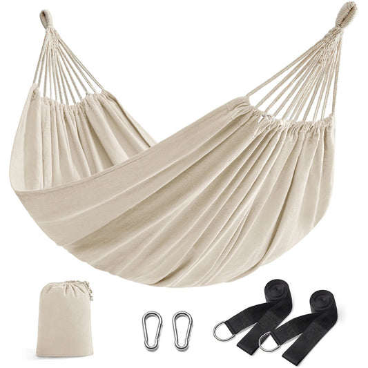 Hamac Double 210 x 150 cm – Coton / Polyester – 300 kg – Extérieur – Avec Sangles & Sac – Bleu / Beige / Gris