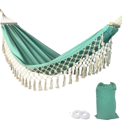 Hamac avec Barres en Bois & Pompons – Toile Épaisse Coton / Polyester – Extérieur – avec Sac