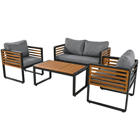 Salon de Jardin 4 Pièces – Bois d’Acacia & Métal – Canapé, Fauteuils, Table – Extérieur