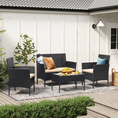 Salon de Jardin 4 Pièces – Acier Thermolaqué & Rotin PE – Table en Verre Trempé – Extérieur
