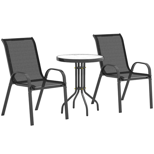 Ensemble Mobilier de Jardin 3 Pièces – 2 Chaises Empilables & Table Ronde – Acier, Textilène & Verre Trempé – Noir