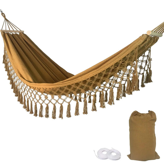 Hamac avec Barres en Bois & Pompons – Toile Épaisse Coton / Polyester – Extérieur – avec Sac
