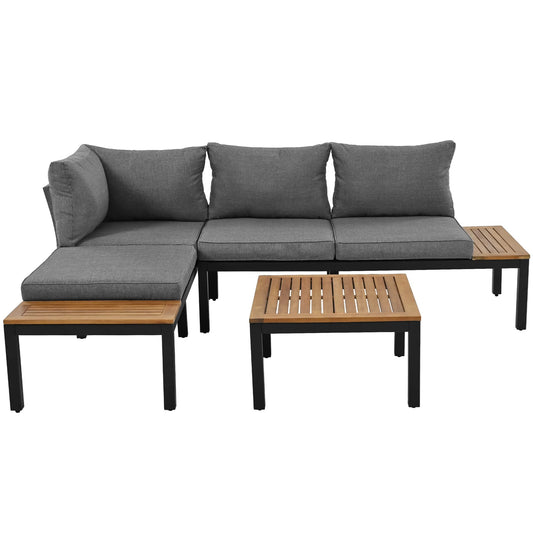 Salon de Jardin 5 Pièces – 2 Canapés, 3 Tables – Métal & Bois Composite – Gris / Beige – Extérieur