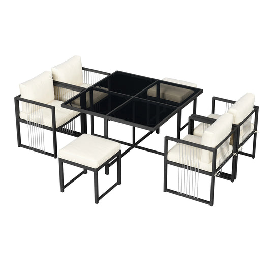 Salon de Jardin 7 Pièces – Table en Verre Trempé, 4 Fauteuils, 2 Tabourets – Acier & Corde – Extérieur – Noir / Blanc