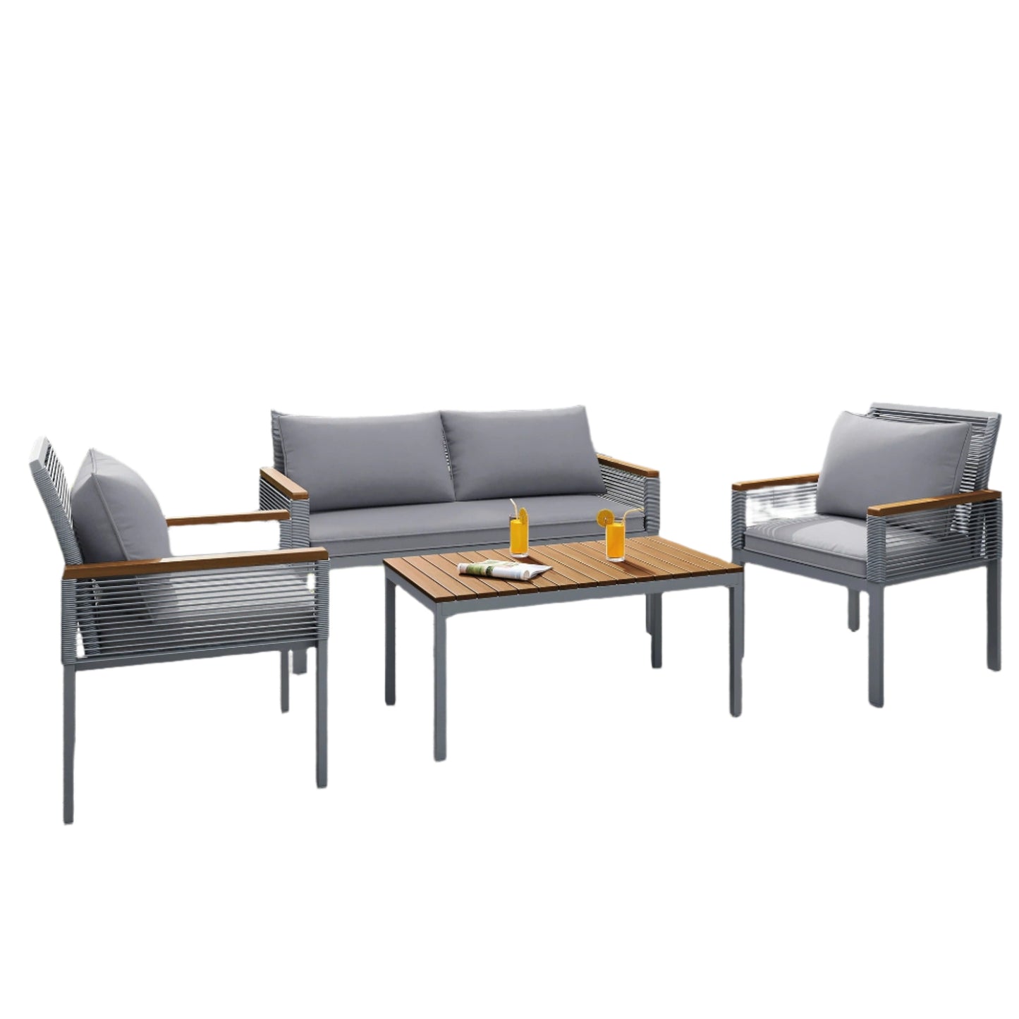 Rattan garden lounge set with comfortable cushion, double sofa, 2 armchairs and table 
