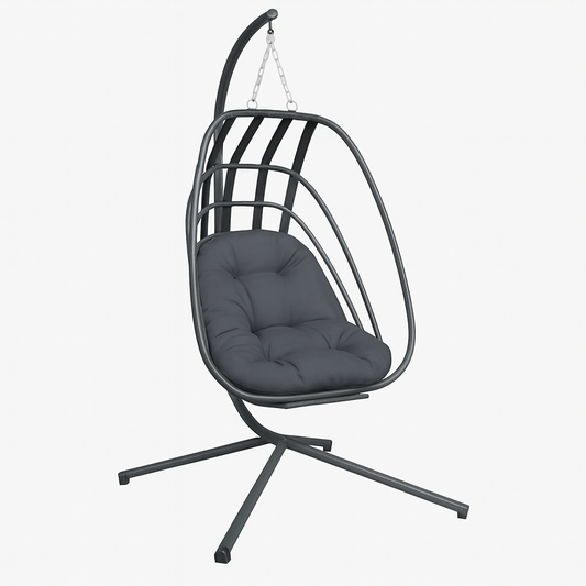 Chaise Œuf Suspendue avec Support Autoportant – Noir / Anthracite – Acier & Polypropylène – Intérieur / Extérieur
