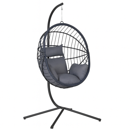 Chaise Œuf Suspendue avec Support – Résine Tressée – Coussins Inclus – Pivotante – Intérieur / Extérieur – Noir