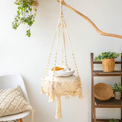 Hamac Suspendu en Filet pour Chat – Coton Tissé à la Main – Intérieur – Blanc