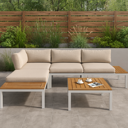 Salon de Jardin 5 Pièces – 2 Canapés, 3 Tables – Métal & Bois Composite – Extérieur