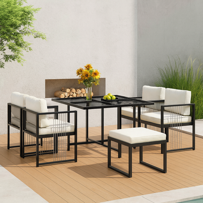 Salon de Jardin 7 Pièces – Table en Verre Trempé, 4 Fauteuils, 2 Tabourets – Acier & Corde – Extérieur – combinaison de noir et blanc