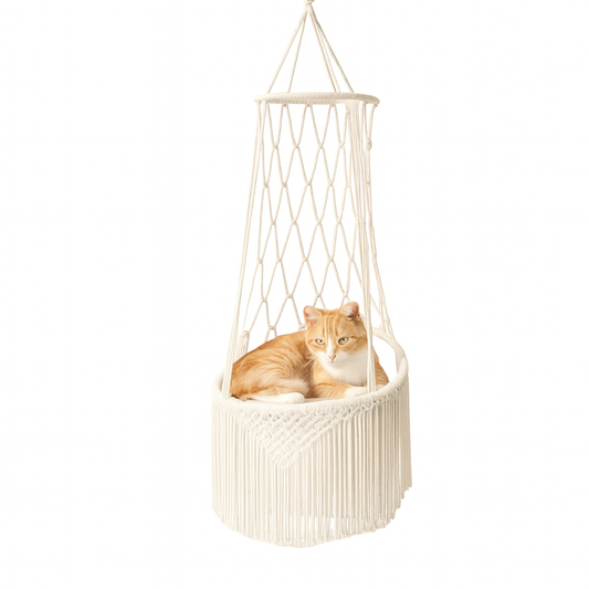 Hamac Suspendu pour Chat et Petit Chien – Macramé avec Coussin – Intérieur – Crochet Inclus