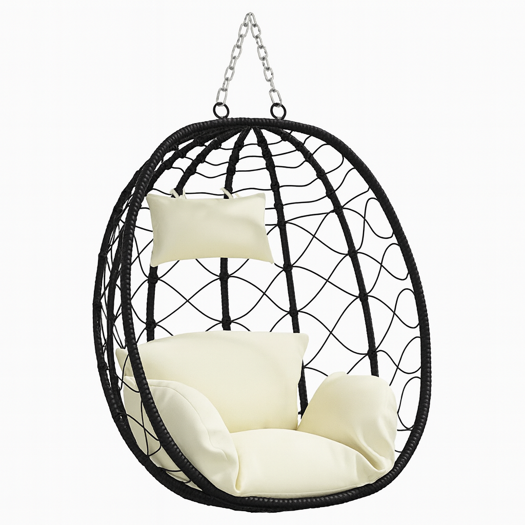 Chaise Suspendue en Forme d’Œuf – Rotin Poly – Crème – Sans Support – Avec Coussins