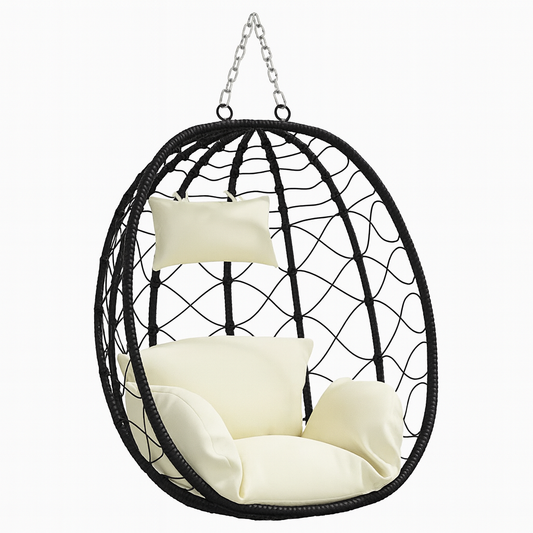Chaise Suspendue en Forme d’Œuf – Rotin Poly – Crème – Sans Support – Avec Coussins