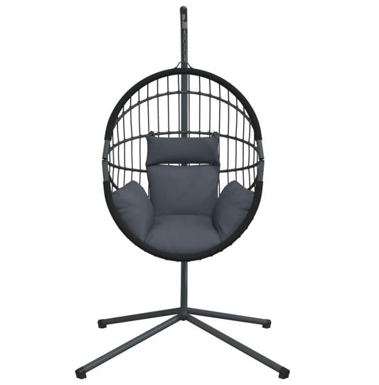 Chaise Œuf Suspendue avec Support – Résine Tressée – Coussins Inclus – Pivotante – Intérieur / Extérieur – Noir