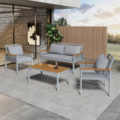 Rattan garden lounge set with comfortable cushion, double sofa, 2 armchairs and table 