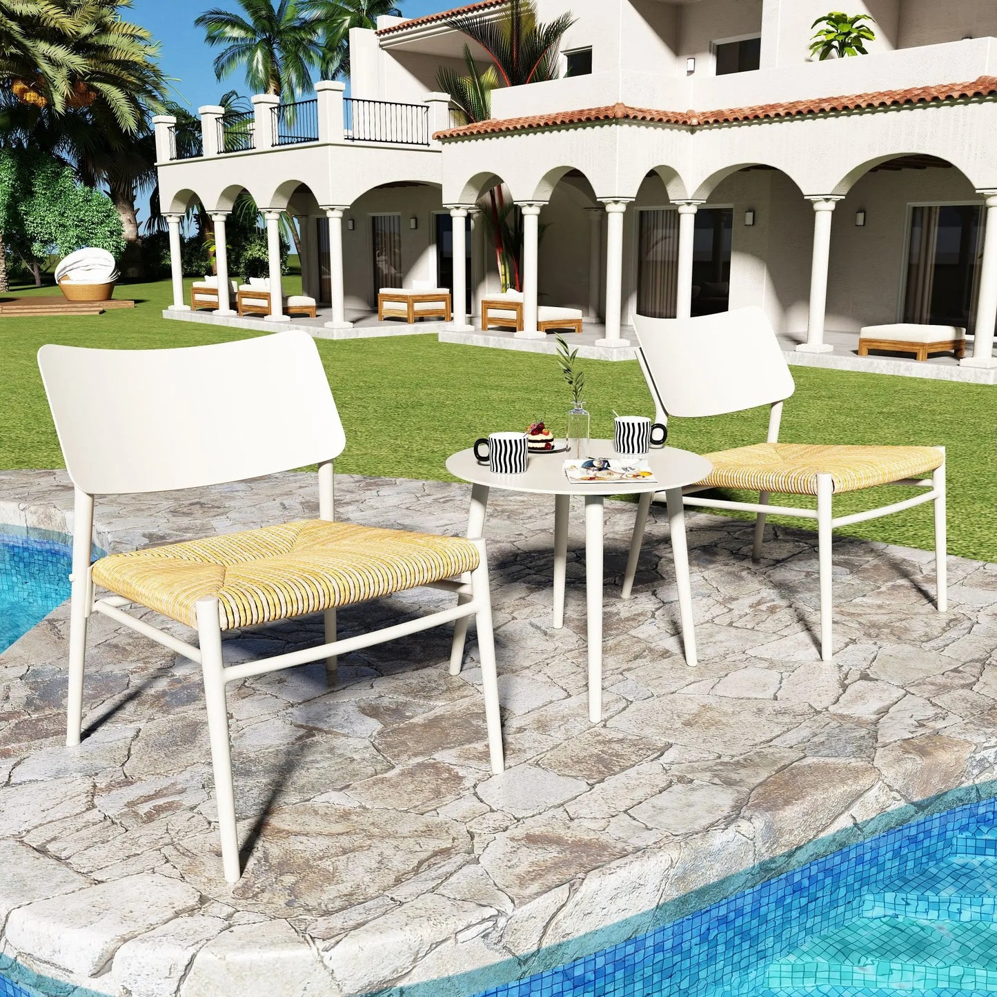 Ensemble Mobilier de Jardin 3 Pièces – Aluminium & Rotin PE – 2 Chaises avec Coussins + Table Basse – Extérieur