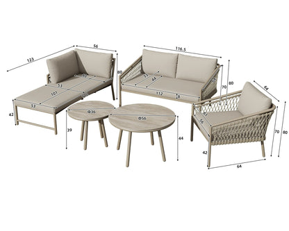 Salon de Jardin 5 Pièces – Canapé, Fauteuil, Chaise et 2 Tables – Corde Tressée & Verre Trempé – Extérieur – Beige / Gris