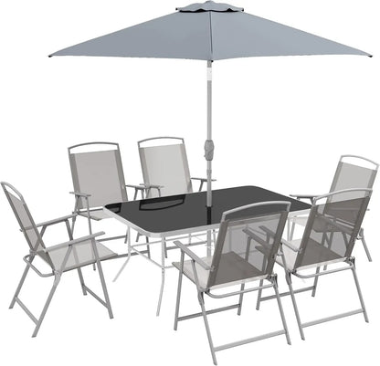 Ensemble Repas Extérieur 8 Pièces – Table en Verre, 6 Chaises Pliantes, Parasol Inclinable – Jardin / Terrasse