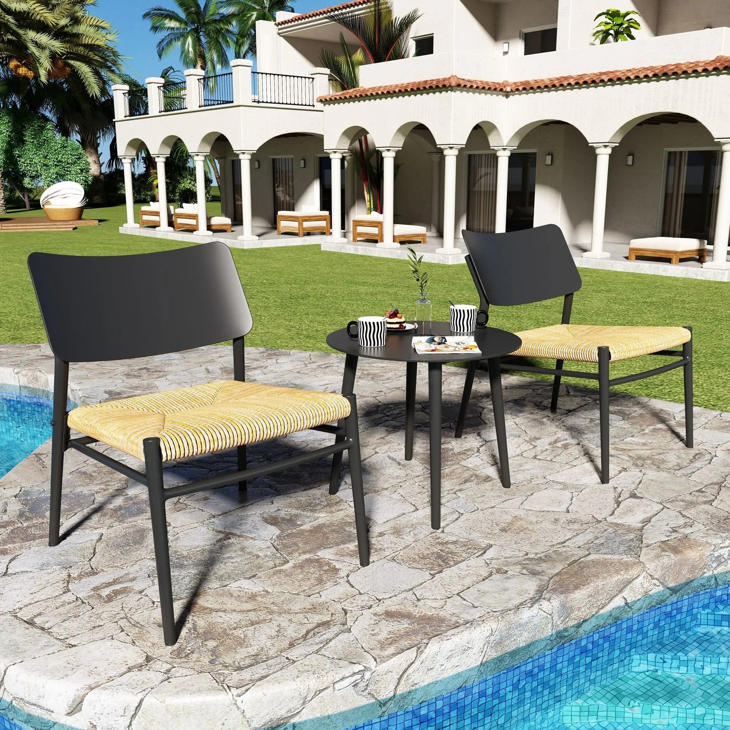 Ensemble Mobilier de Jardin 3 Pièces – Aluminium & Rotin PE – 2 Chaises avec Coussins + Table Basse – Extérieur