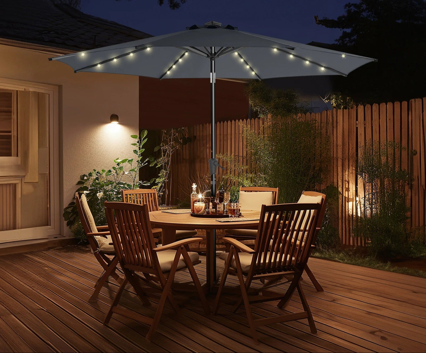 Parasol de Terrasse avec LED Solaires – Tissu UPF 50+ – Manivelle – 2,7 m